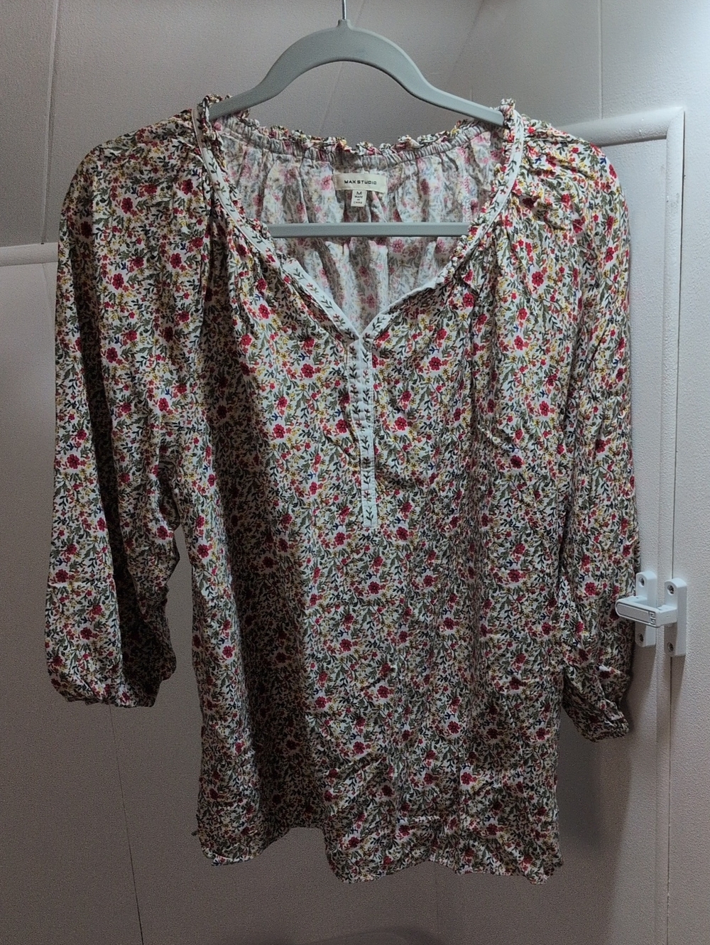 Max Studio Floral Cream Blouse with Pink & Green Accents